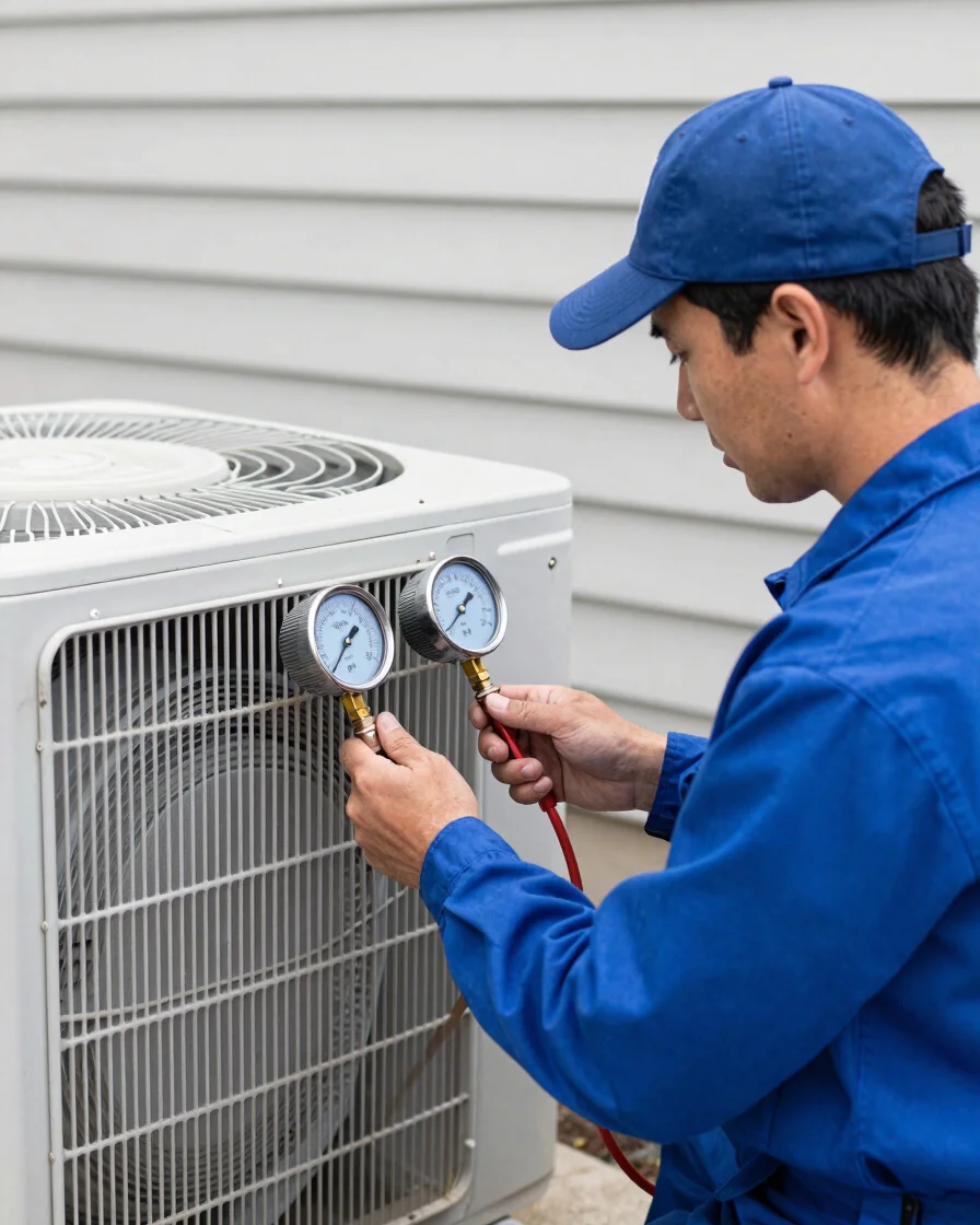 Uniformed HVAC technician in Maryland inspecting an outdoor conde